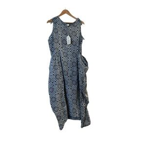 NWT World Market Indigo Collection Geom. Block Print Midi Dress w/ Pockets S/M